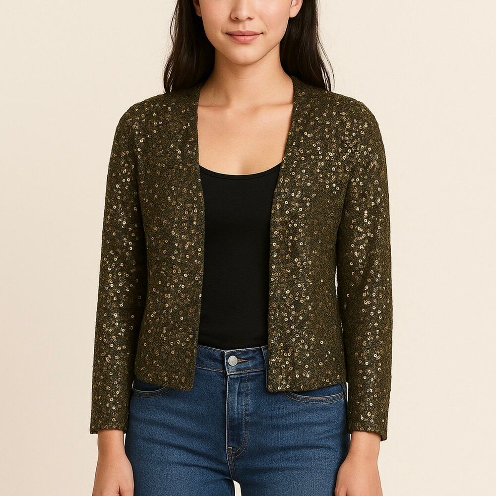 Eileen Fisher Sequin Open Front Cardigan Olive Green Silk Small